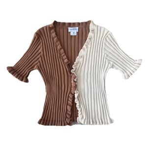 Find Me Now Cardigan Cream Brown Ribbed Short Sleeve sweater Women’s Medium